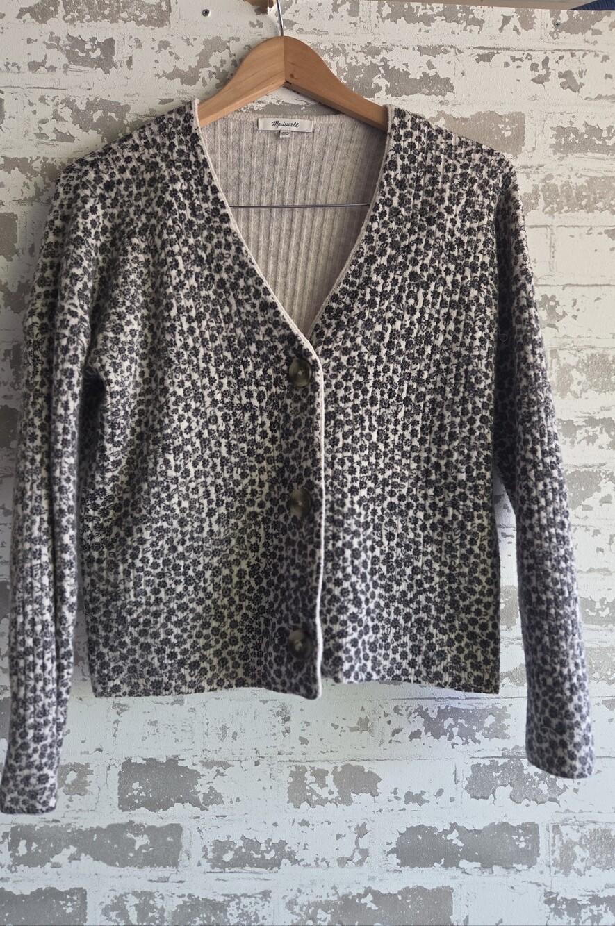 Madewell Floral Alpaca Blend Cardigan Sweater XXS Gray White Button Front